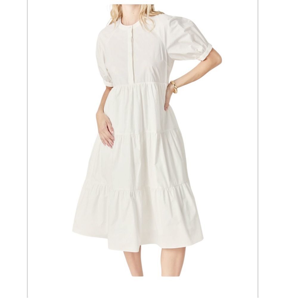 English Factory Anthropologie White Puff Sleeve Tiered Midi Dress Small AK105D